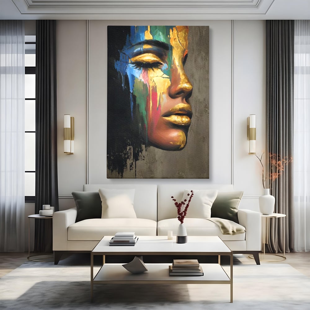 Tablou canvas cu tablou canvas cu chip de femeie profil si foita de aur, fara rama, pe sasiu de lemn, pe perete intr-un living
